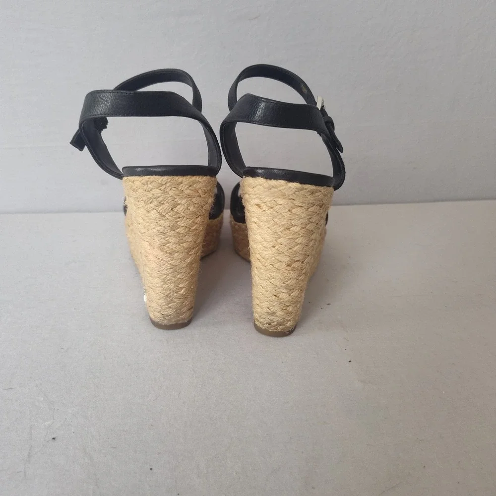 Michael Kors Black Leather Espadrille Wedge Sandals Platform Ankle‎ Strap 7M